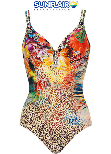 Maillot de bain une pièce SUNFLAIR – Imprimé animalier exotique à décolleté acrémenté de bijoux Sunflair